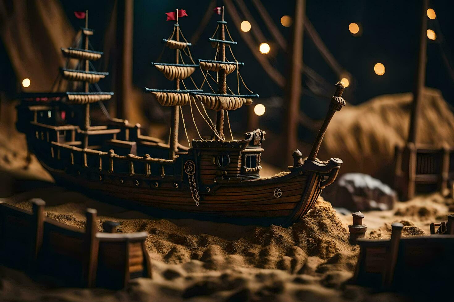 a model of a pirate ship in the sand. AI-Generated photo
