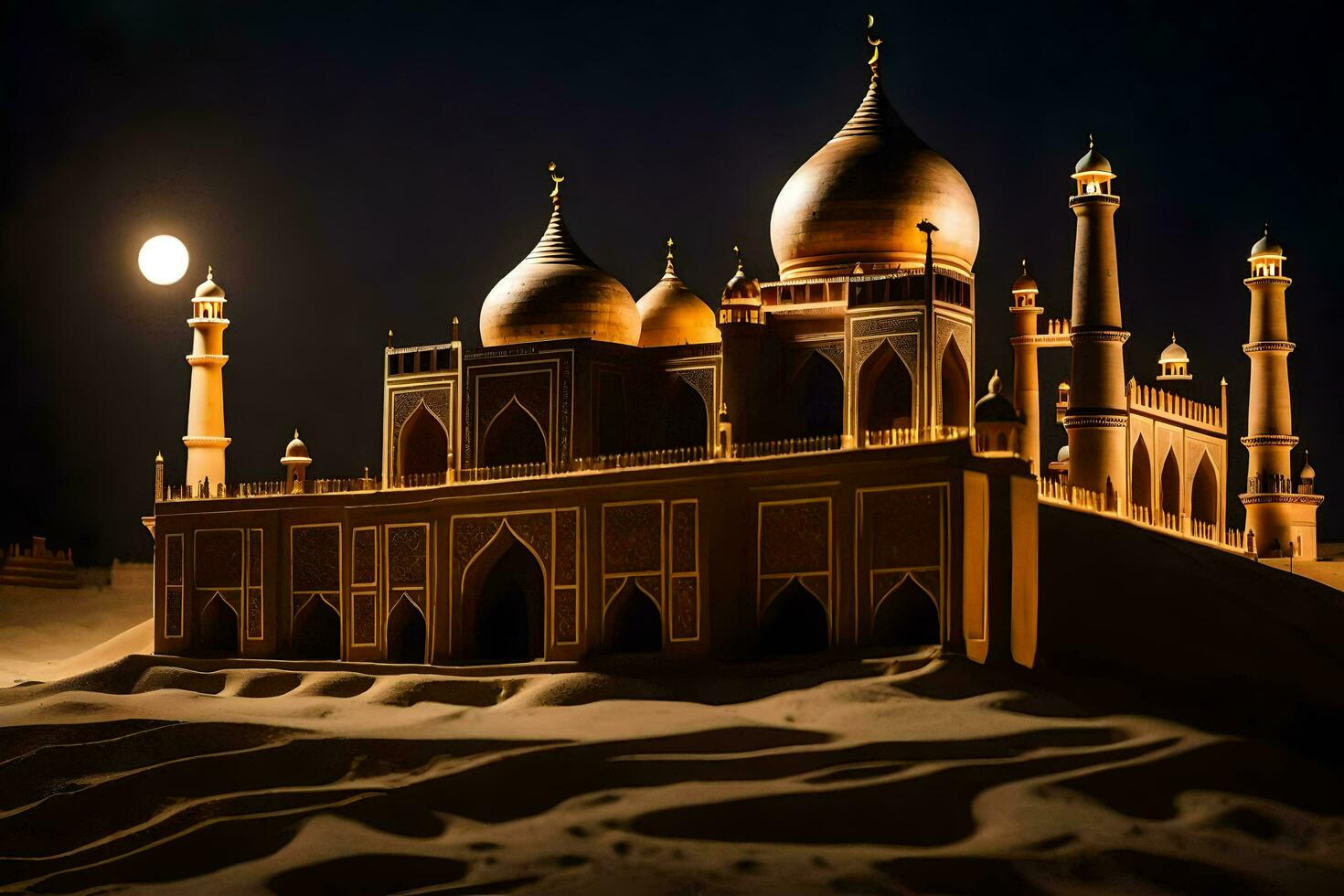 the moon is shining over a mosque in the desert. AI-Generated photo