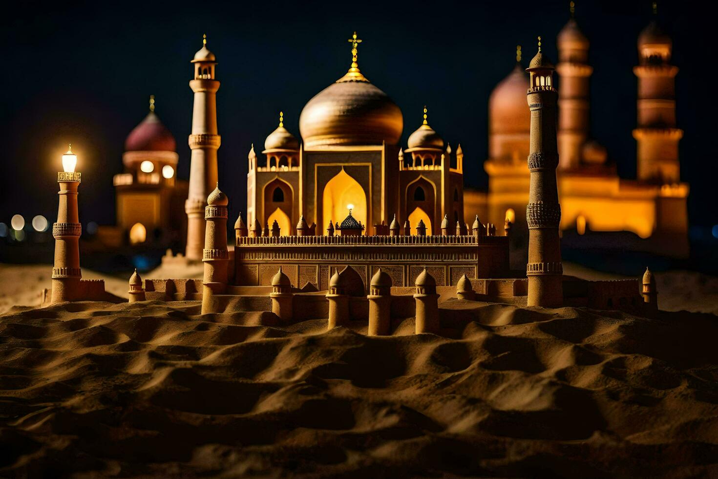 a model of a mosque in the desert at night. AI-Generated photo