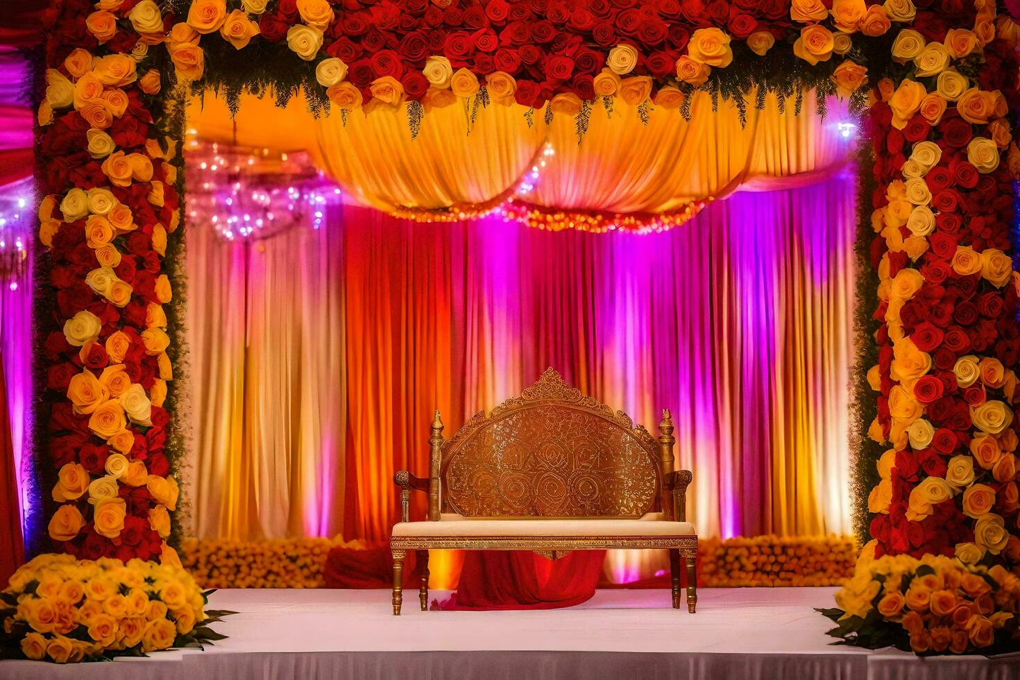 an indian wedding stage decorated with orange and yellow flowers. AI-Generated photo