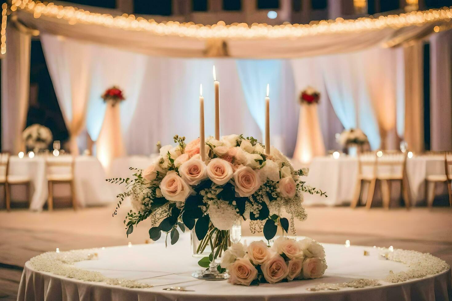 un mesa con velas y flores en frente de un blanco fondo. generado por ai foto