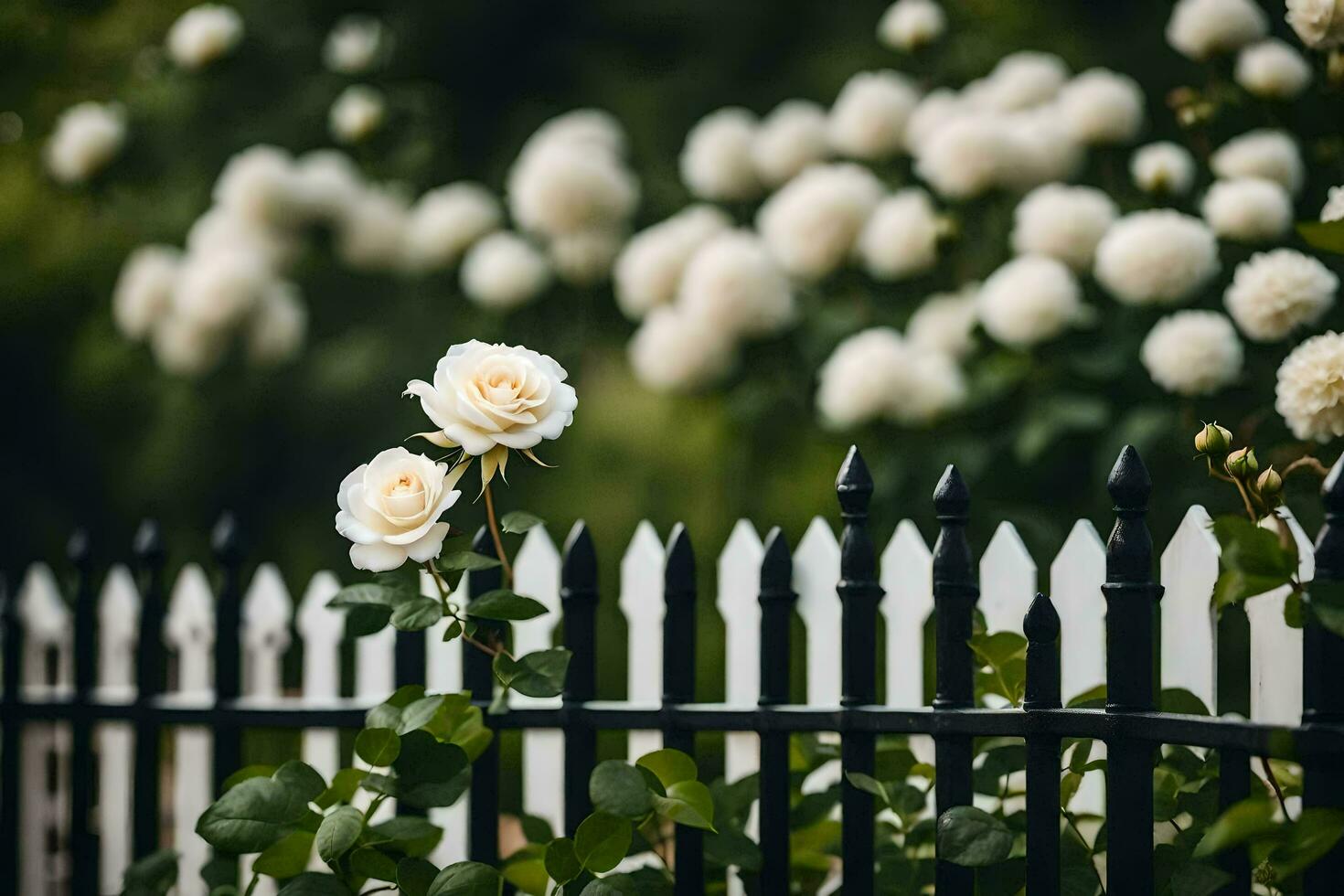 white roses in a fence. AI-Generated photo