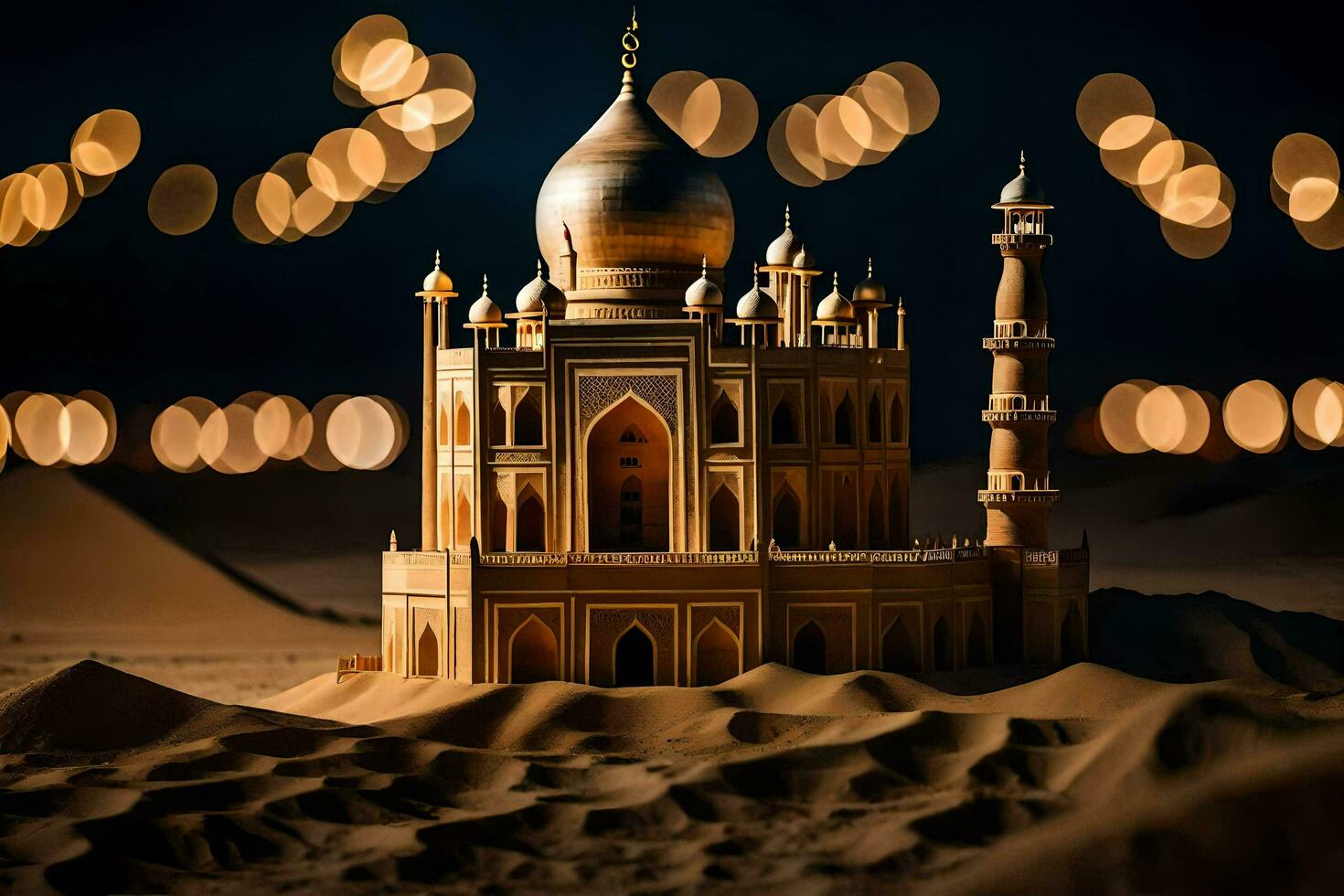 a model of a taj mahal in the desert at night. AI-Generated photo