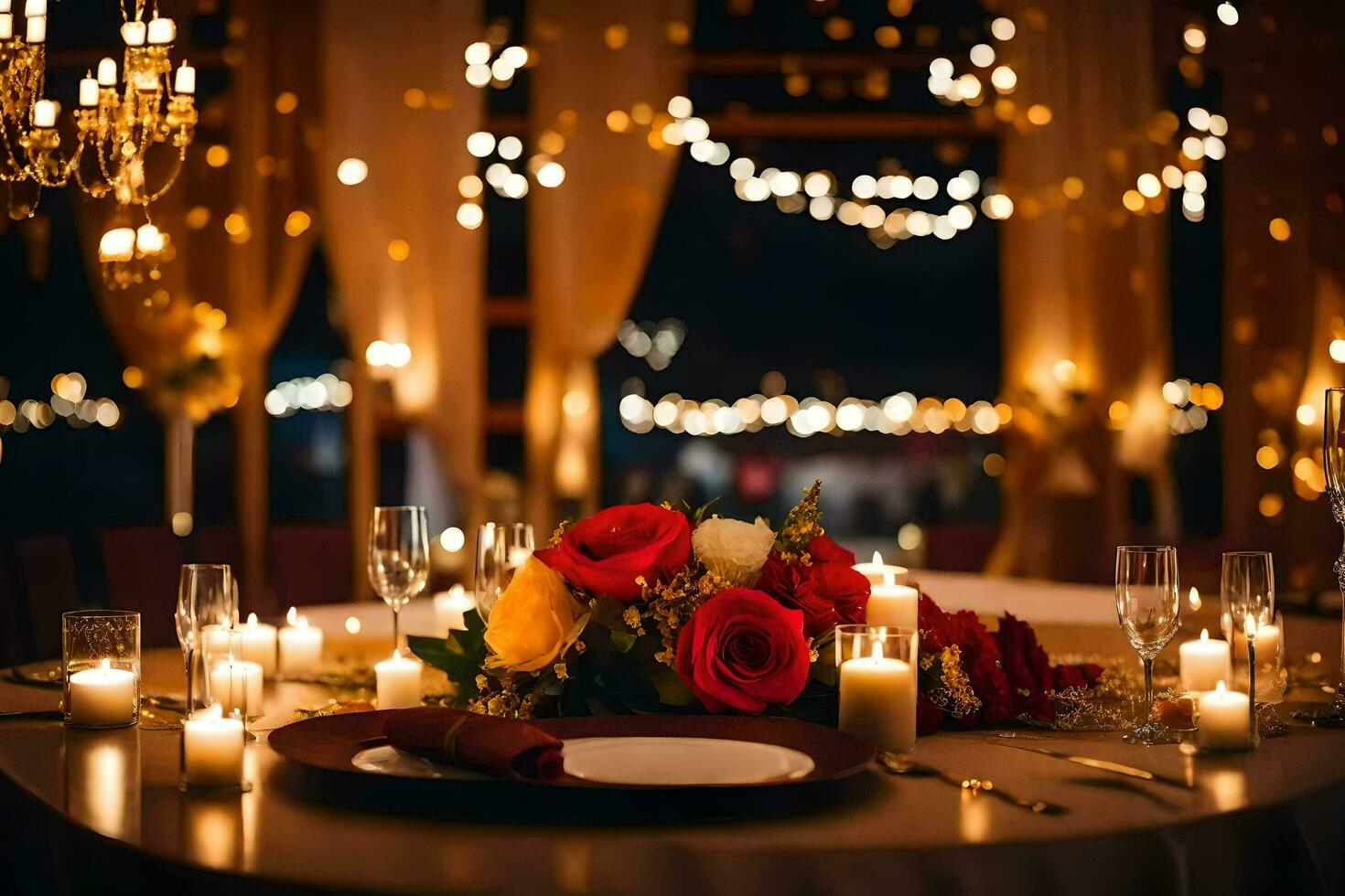 a table set for a wedding reception with candles and flowers. AI-Generated photo