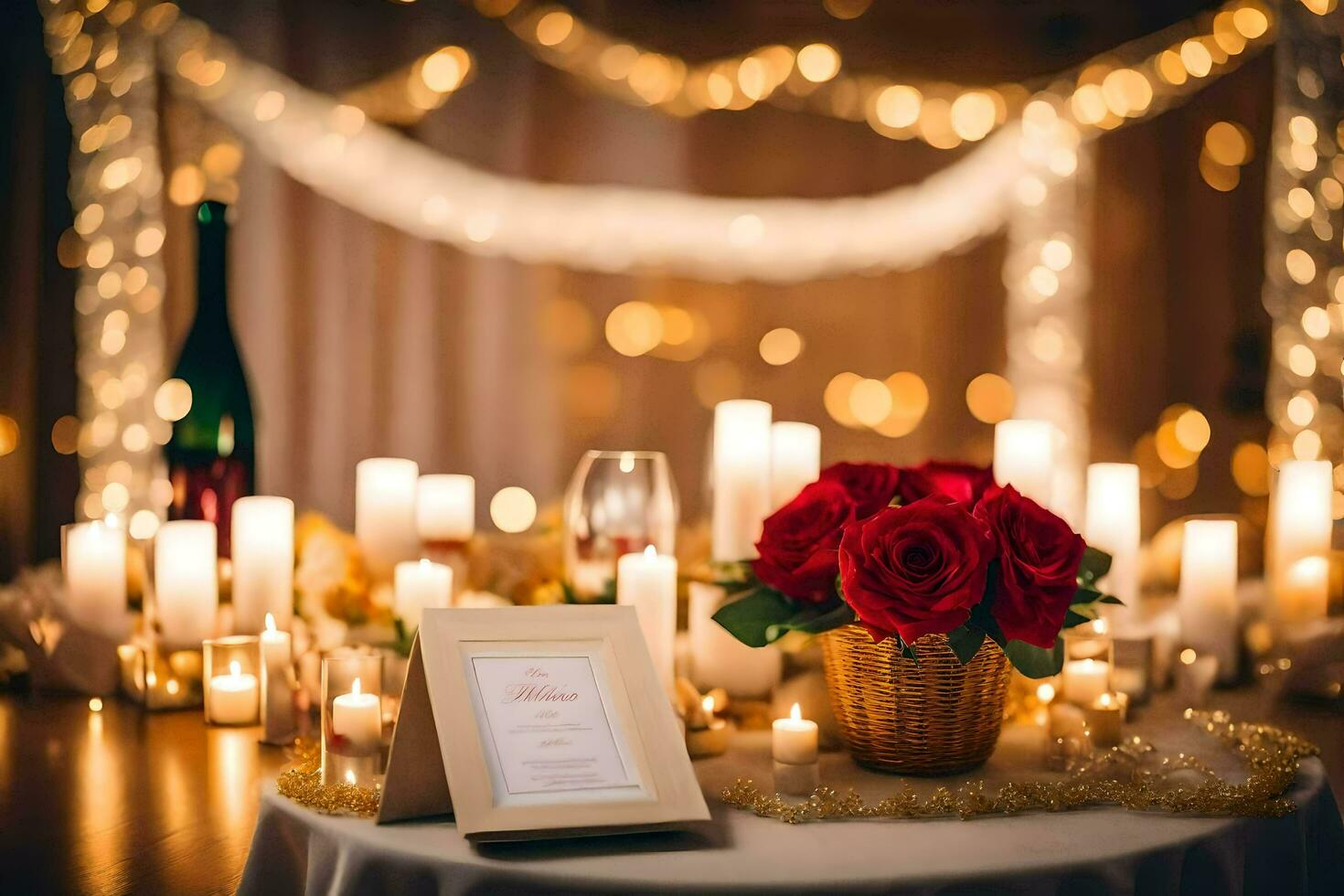 a table with candles and a vase of roses. AI-Generated photo