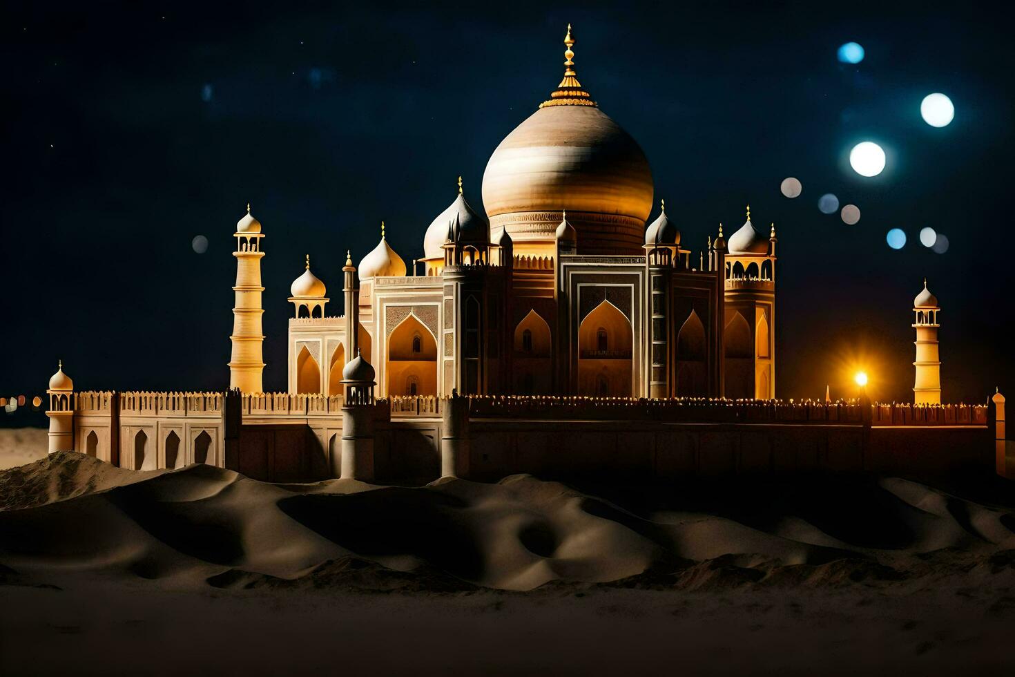the taj mahal is lit up at night. AI-Generated photo