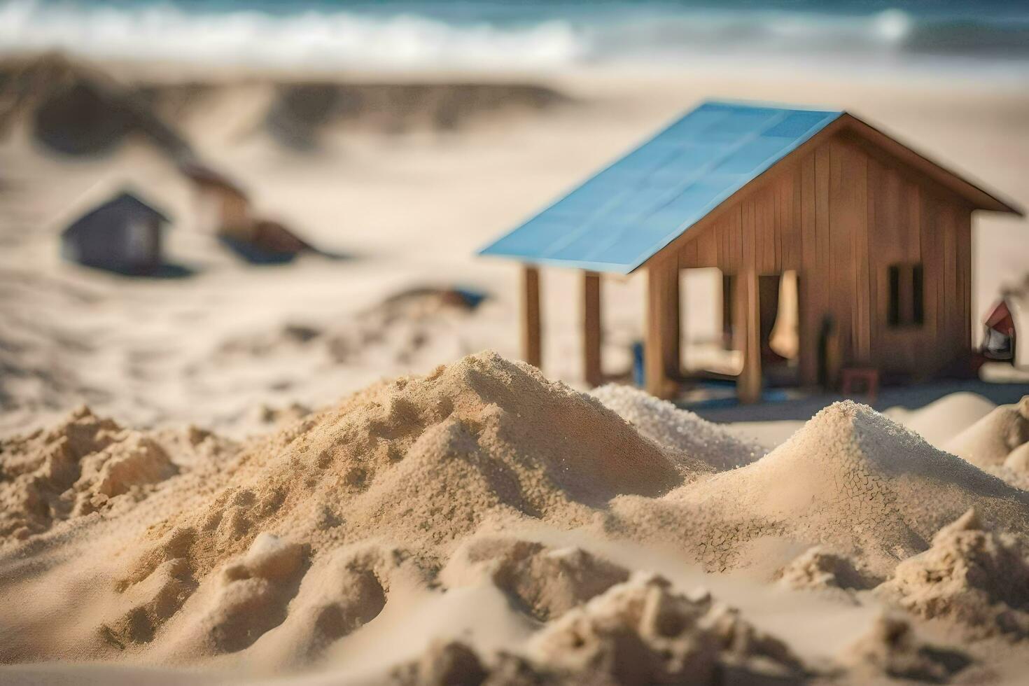 a miniature house sits in the sand on the beach. AI-Generated photo