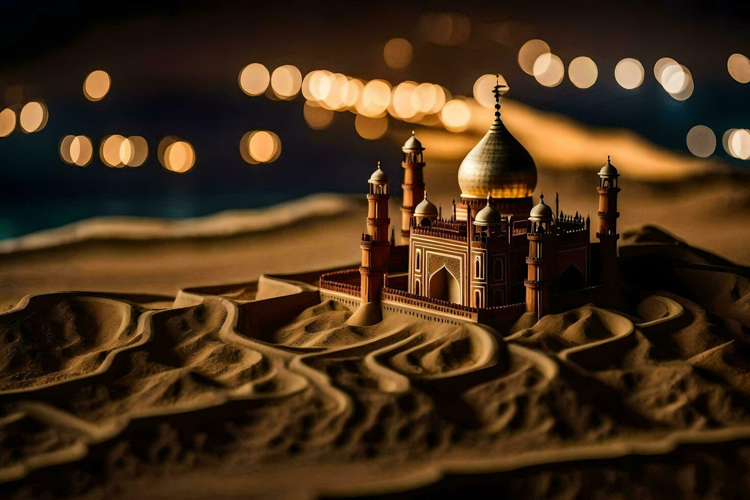 a miniature mosque in the desert with lights. AI-Generated photo