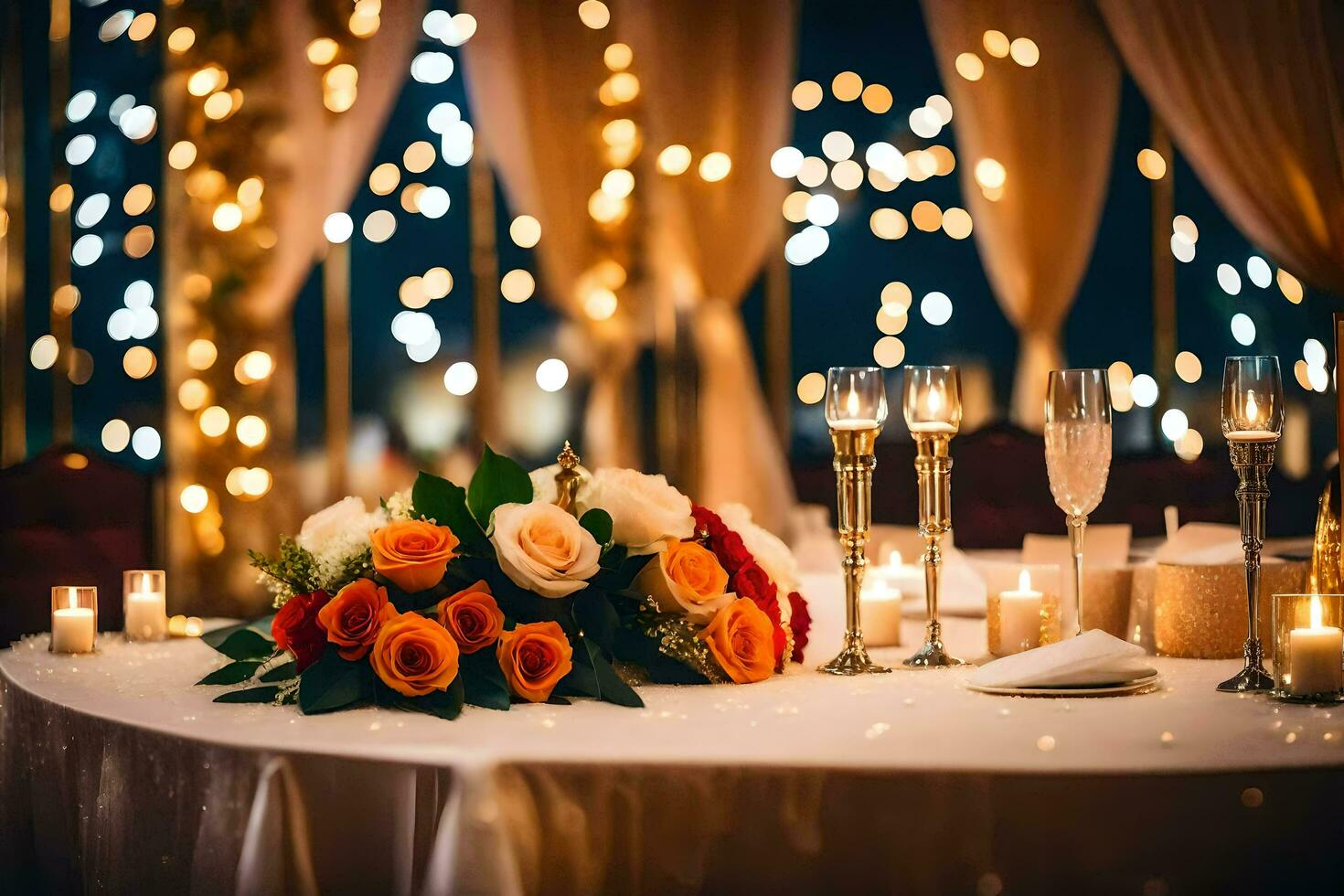 a table with candles and flowers in front of a backdrop of lights. AI-Generated photo