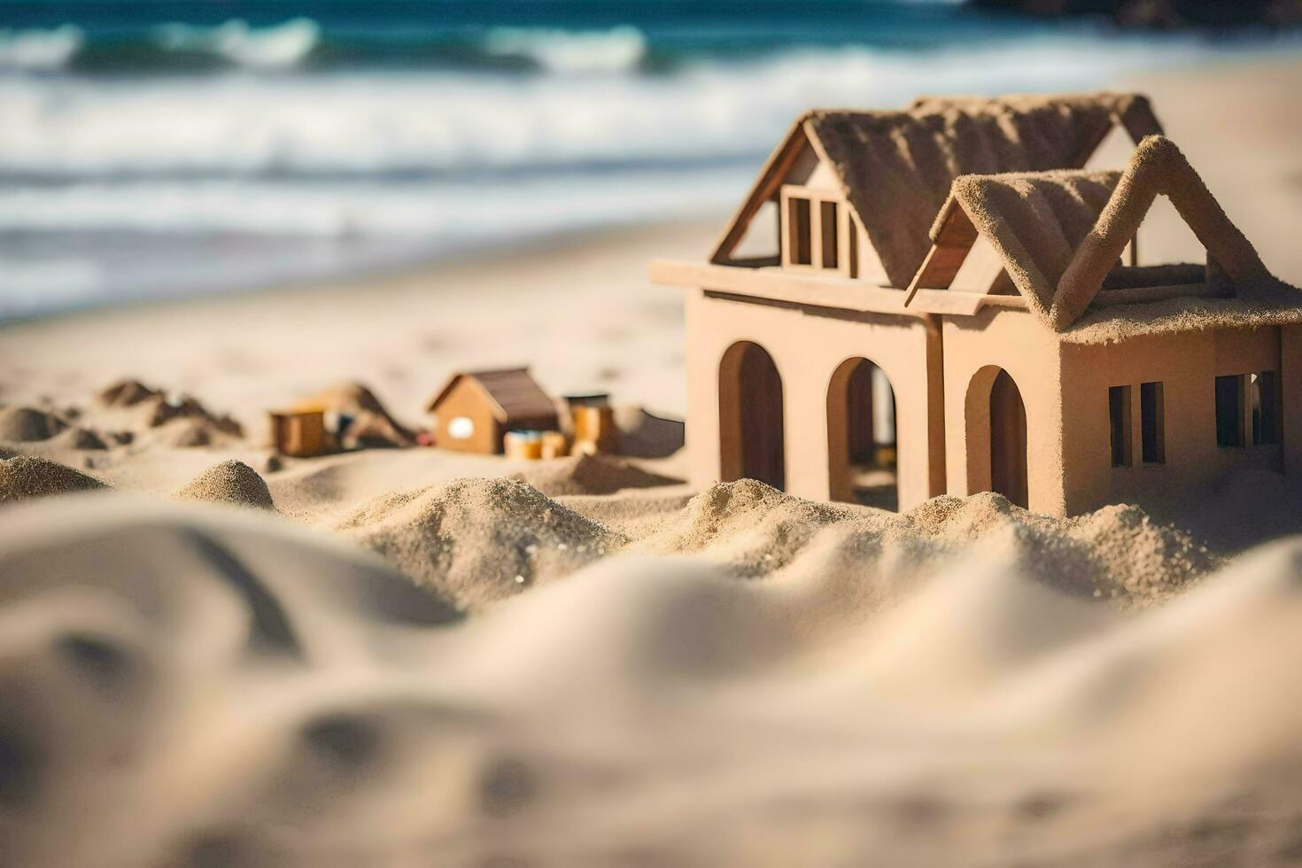 a sand castle on the beach with a house in the background. AI-Generated photo
