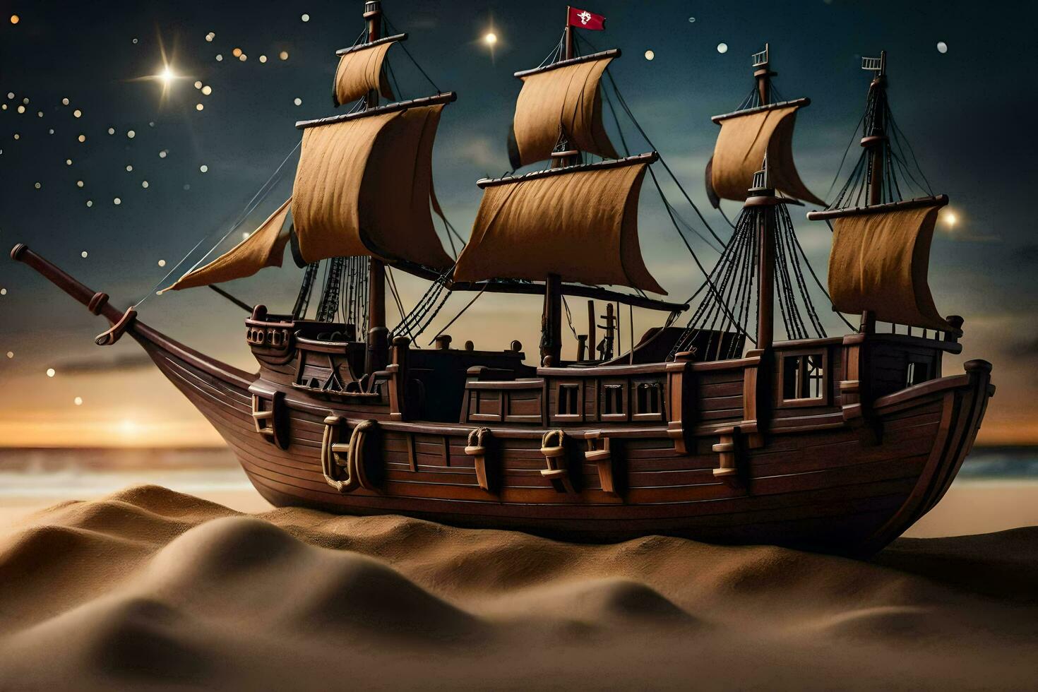 a model ship on the sand at night. AI-Generated photo