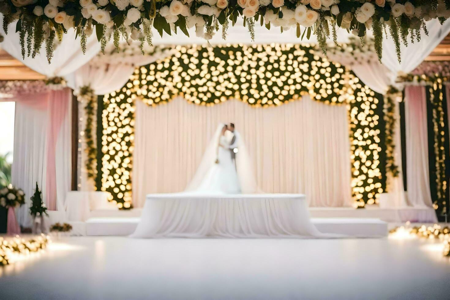 un Boda ceremonia en un grande habitación con blanco flores generado por ai foto