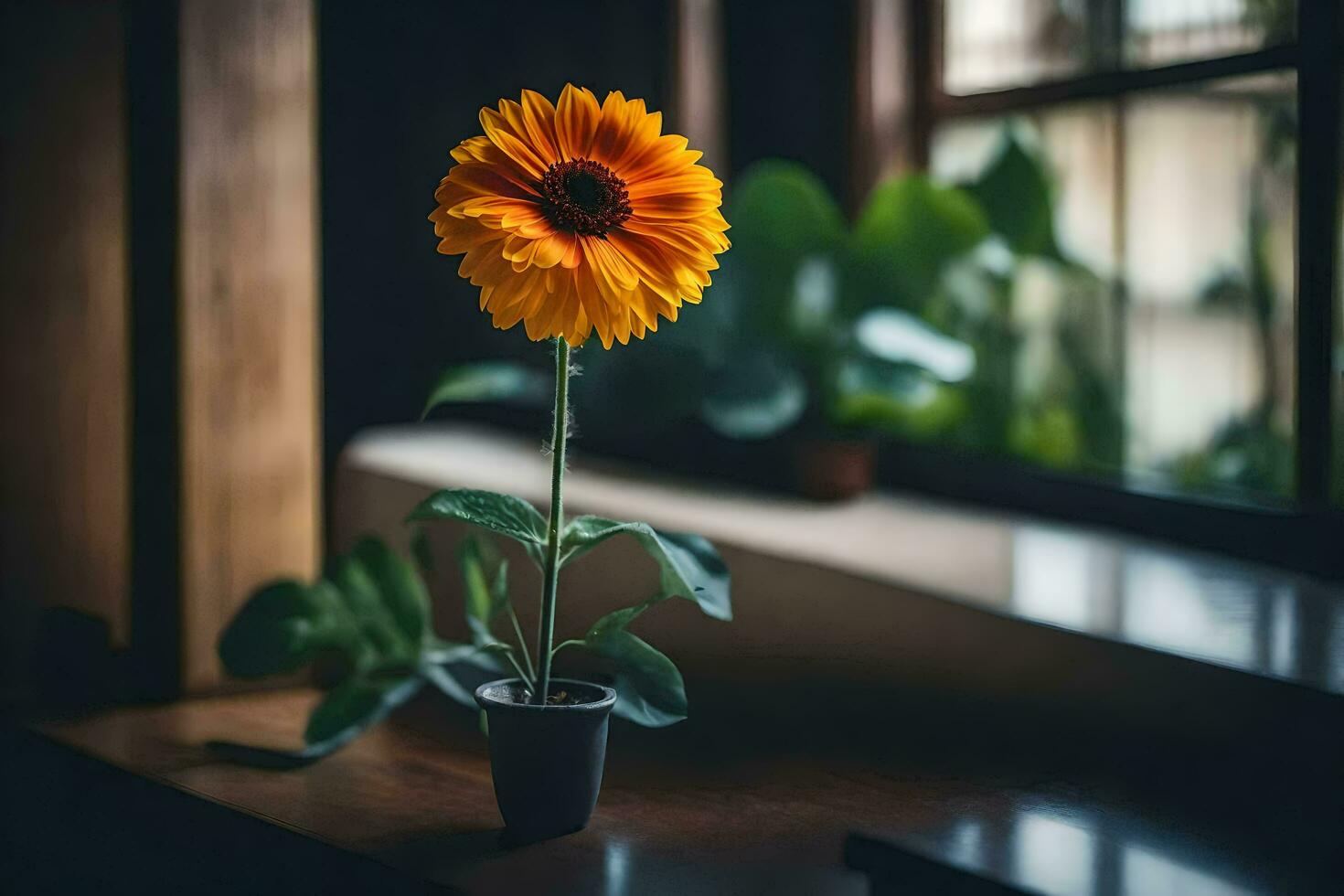 un soltero naranja flor se sienta en un florero en un mesa. generado por ai foto