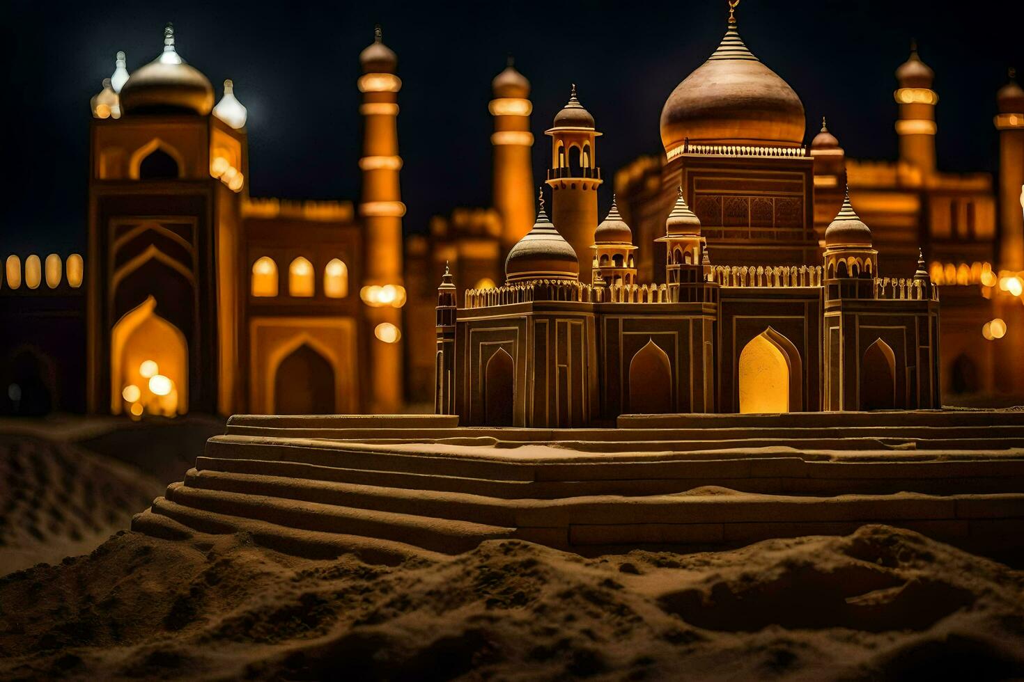 a sand castle made of sand with lights on it. AI-Generated photo