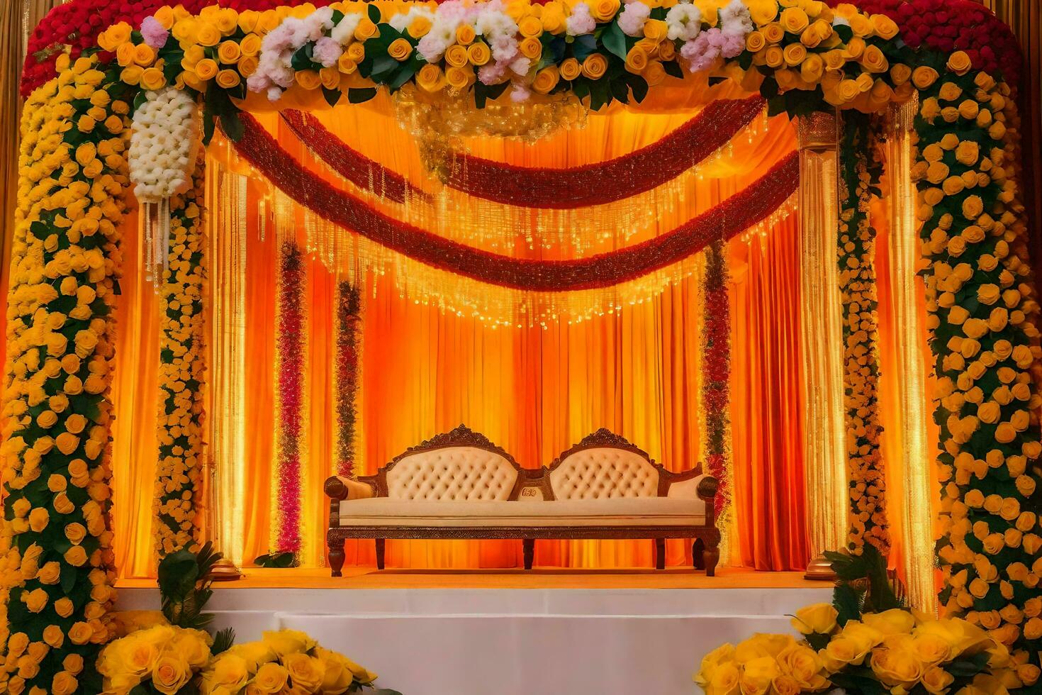 an indian wedding stage decorated with flowers and flowers. AI-Generated photo