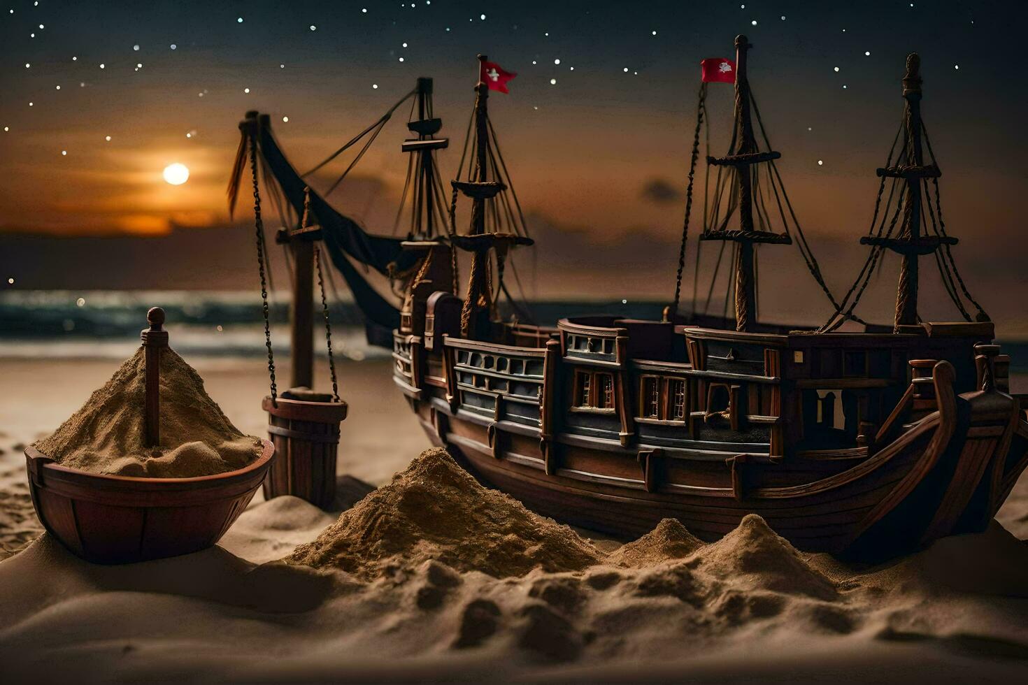 a model of a pirate ship on the beach. AI-Generated photo