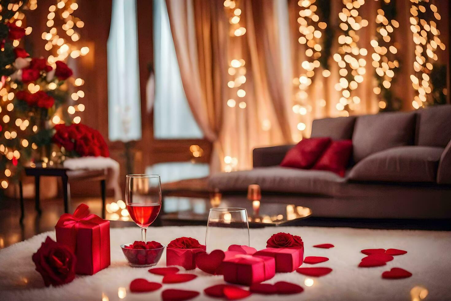 a romantic setting with red roses and candles. AI-Generated photo