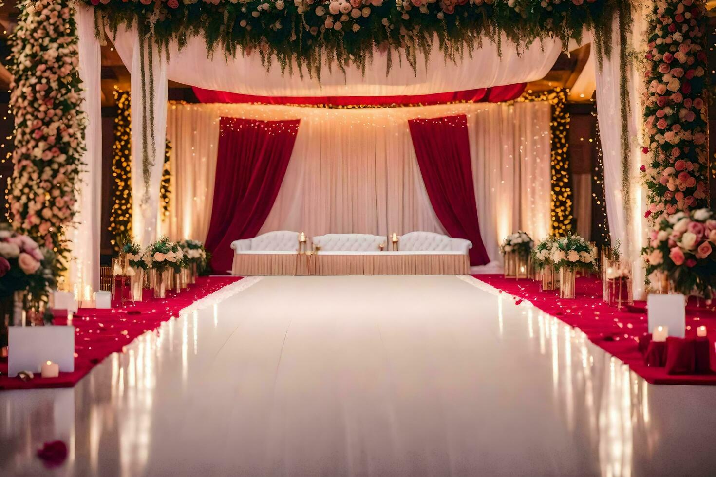 a wedding ceremony with red and white decor. AI-Generated photo