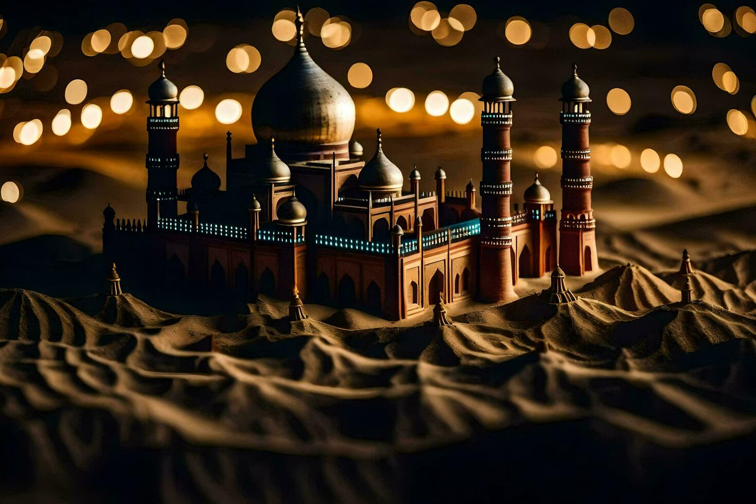 a model of a mosque in the desert at night. AI-Generated photo