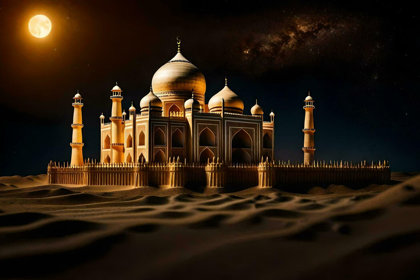 the taj mahal is in the desert at night. AI-Generated photo