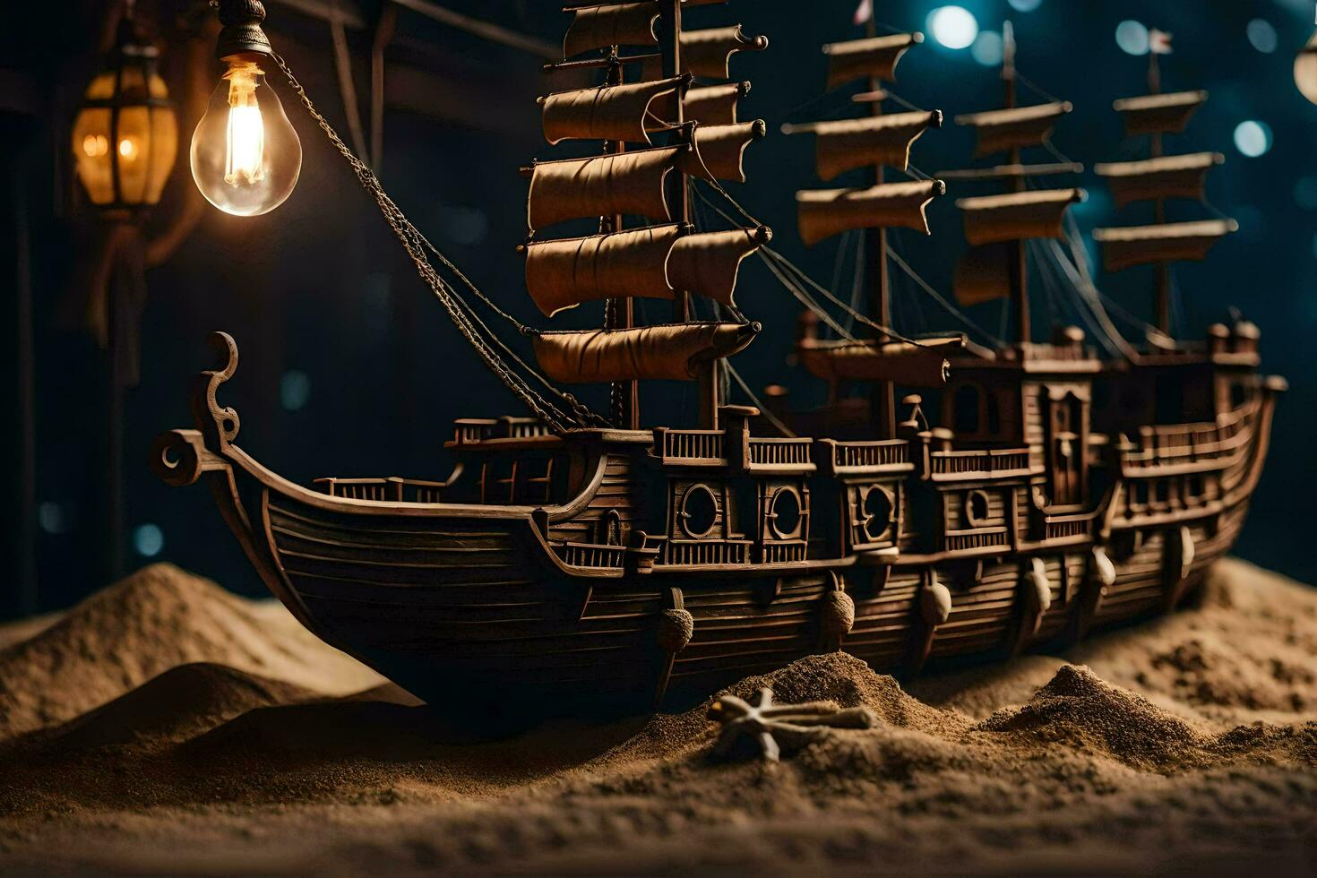 a model of a pirate ship in the sand. AI-Generated photo