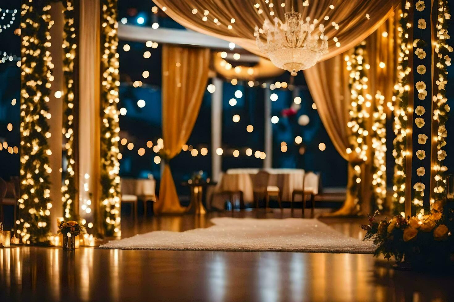 a wedding reception with lights and a chandelier. AI-Generated photo