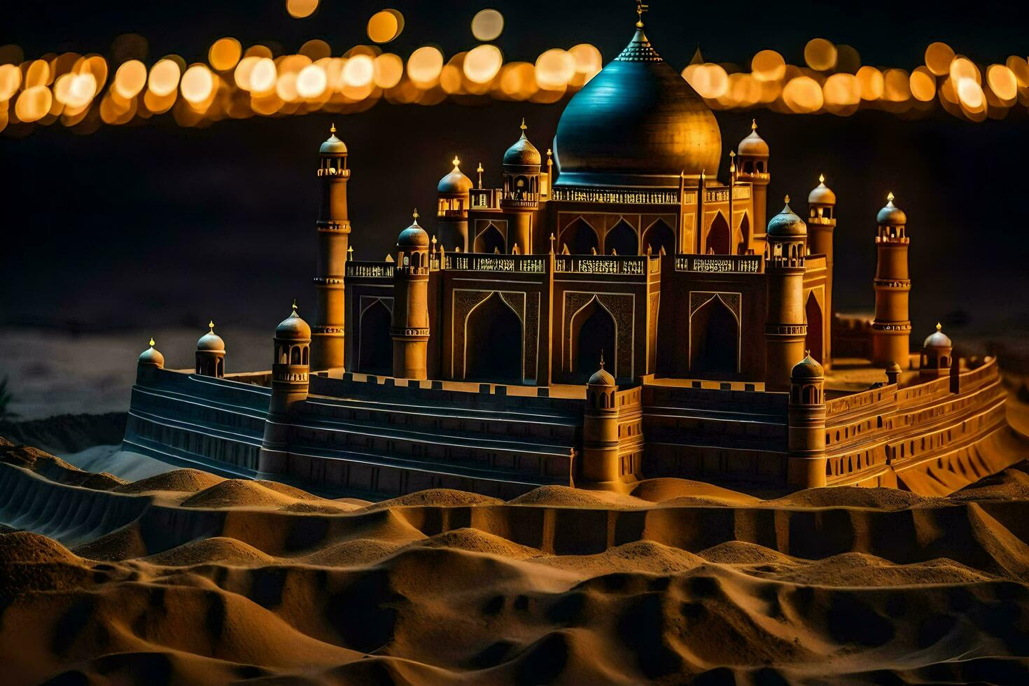 a model of a taj mahal in the desert. AI-Generated photo