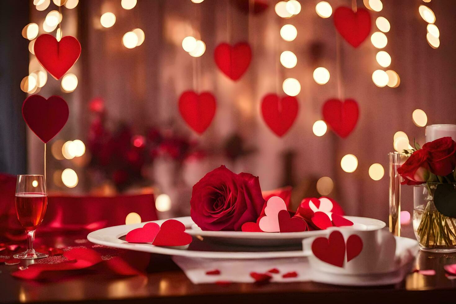 valentine's day table setting with red hearts. AI-Generated photo