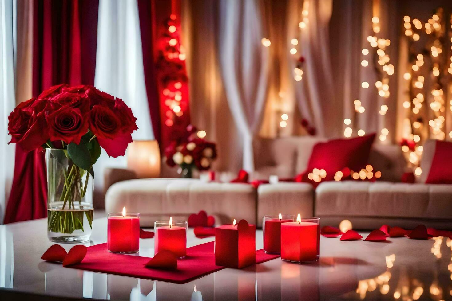 a table with red roses and candles. AI-Generated photo