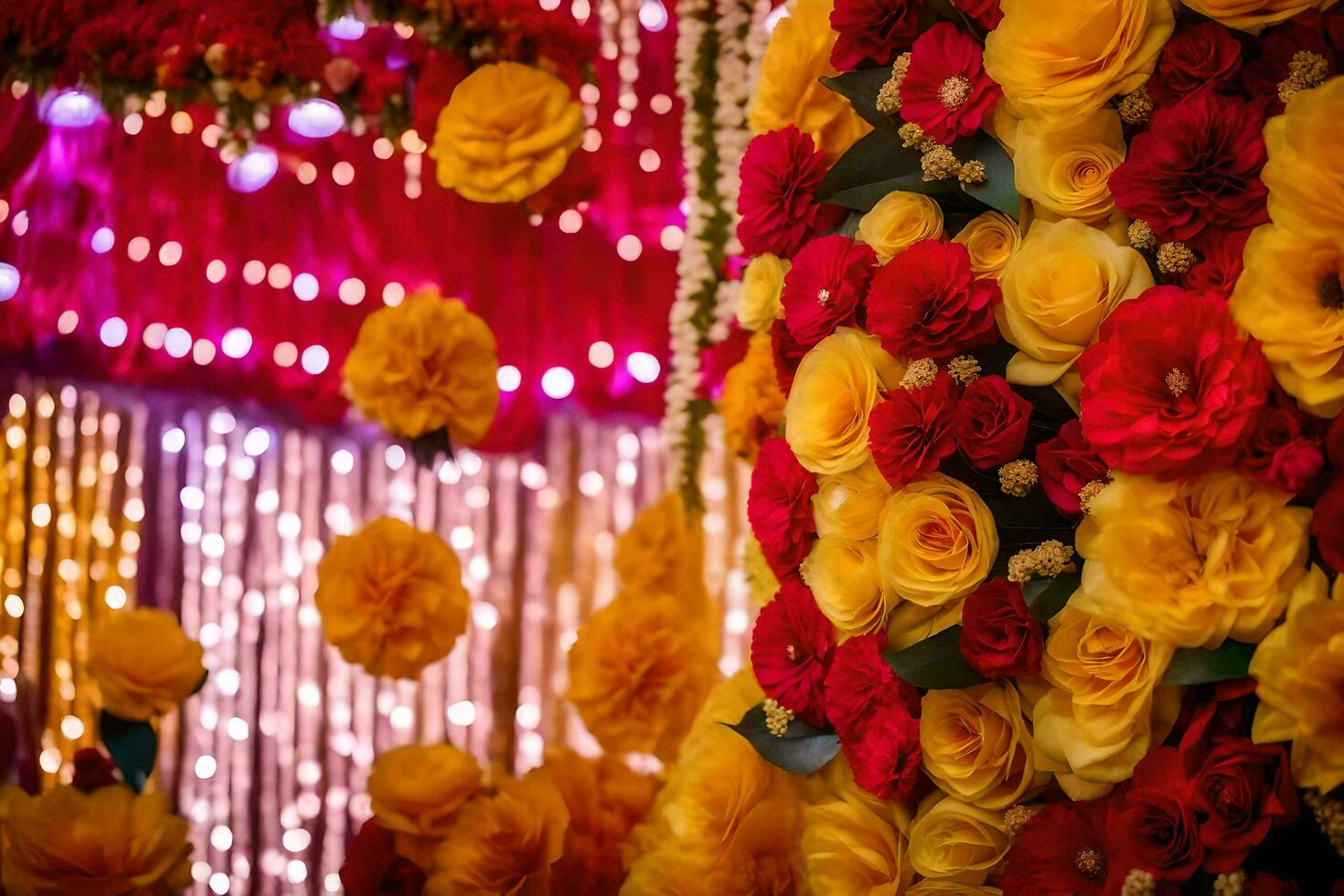 a colorful wall with red and yellow flowers. AI-Generated photo