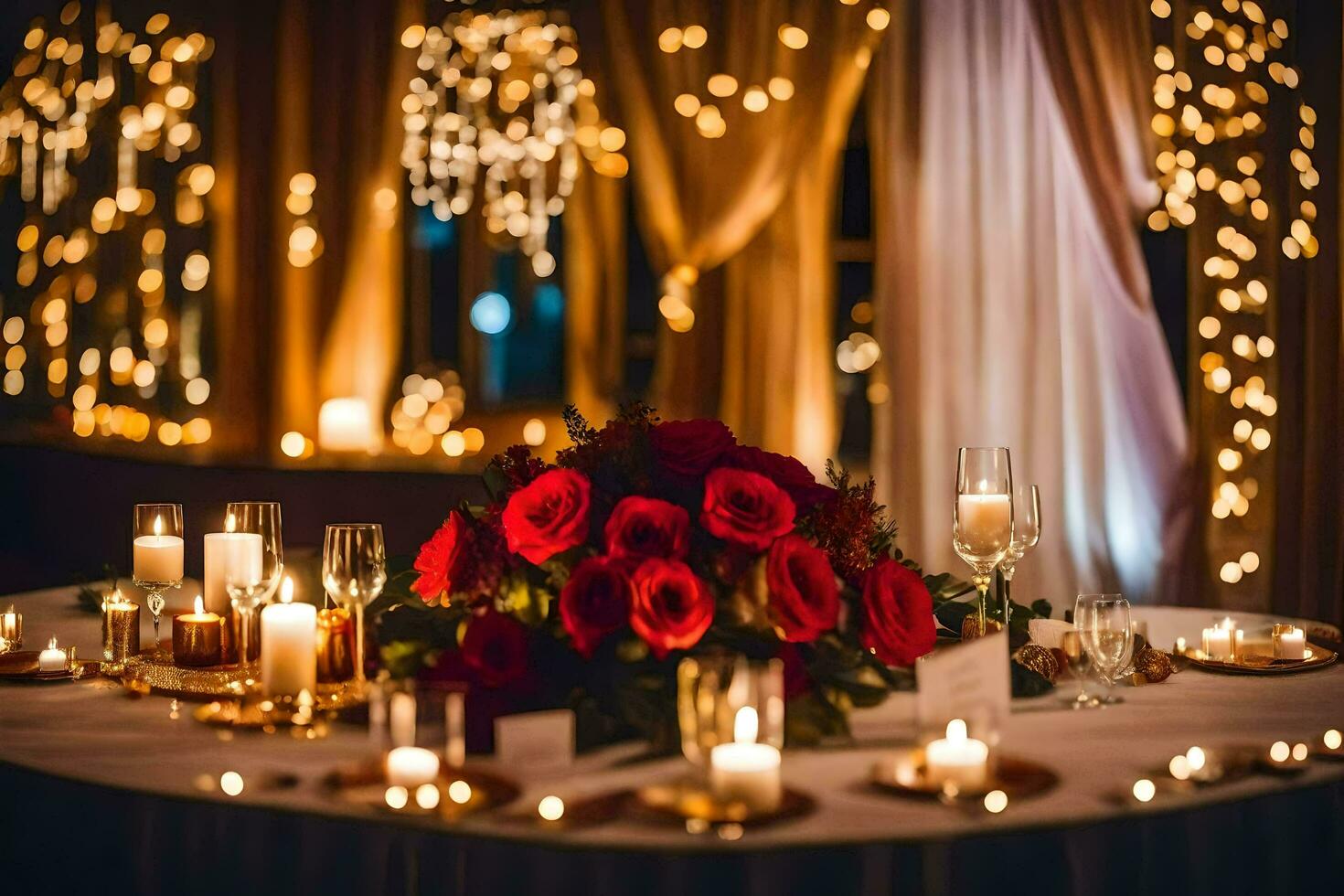 a table with candles and red roses. AI-Generated photo