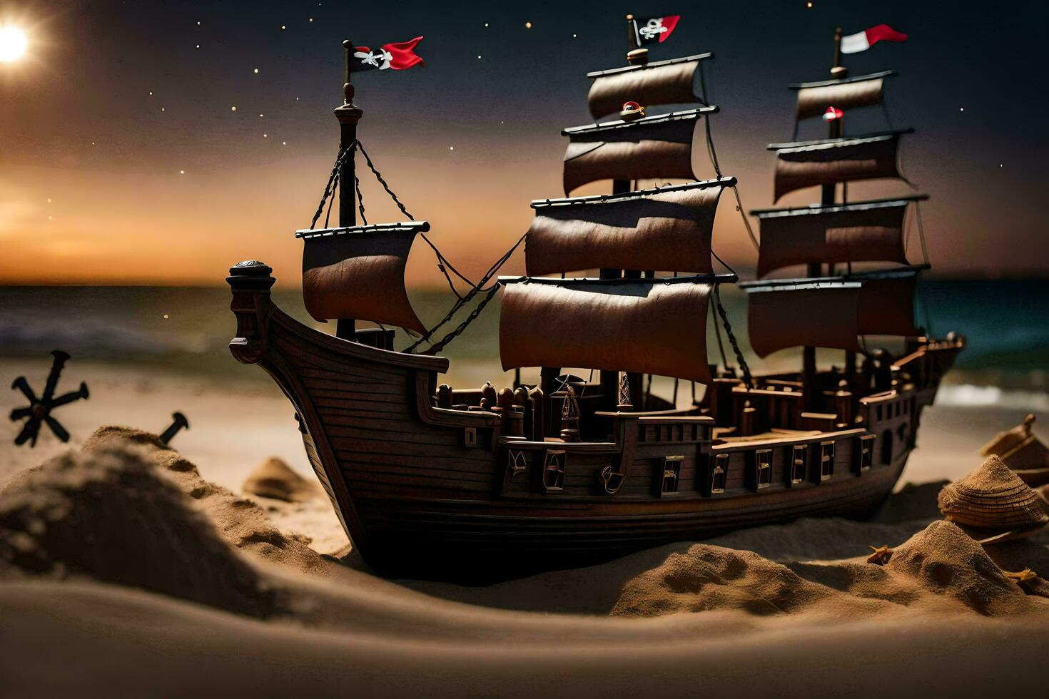 a pirate ship is on the beach at night. AI-Generated photo