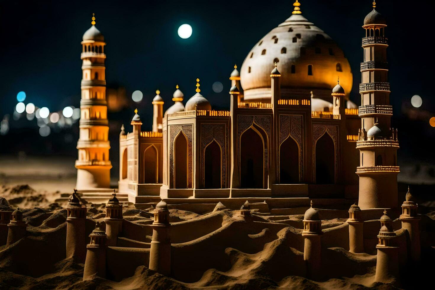 a sand castle made to look like a taj mahal. AI-Generated photo