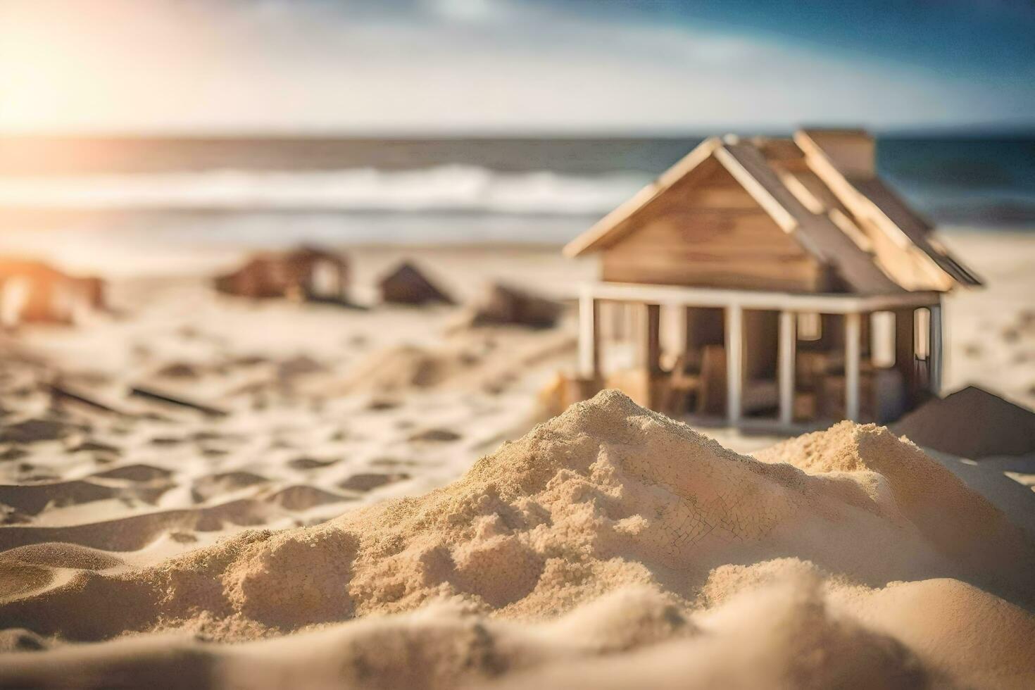 a miniature house on the beach with sand. AI-Generated photo