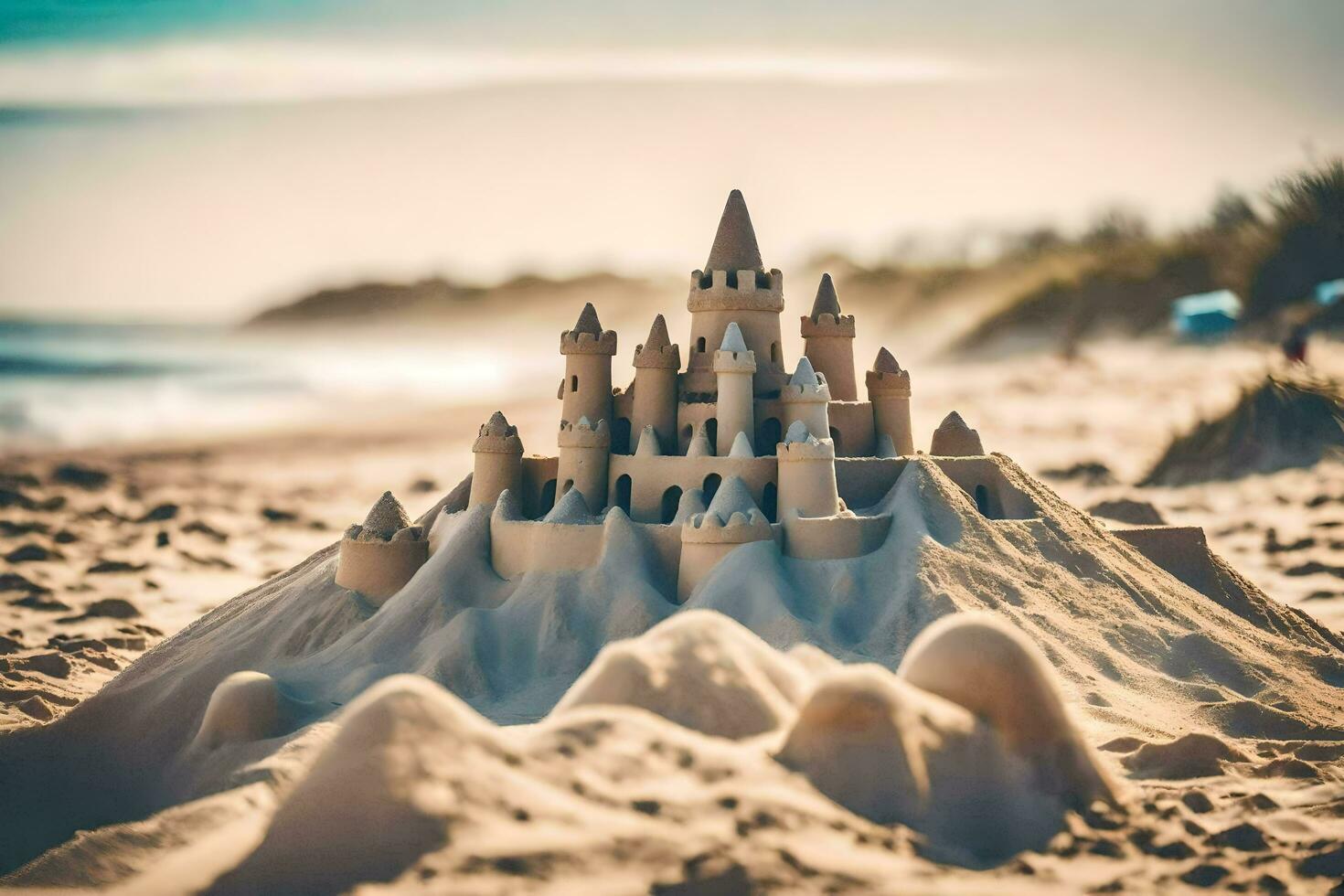 a sand castle on the beach. AI-Generated photo