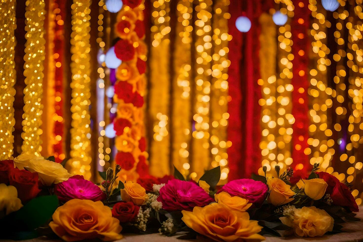 a colorful arrangement of flowers and garlands in front of a string of lights. AI-Generated photo