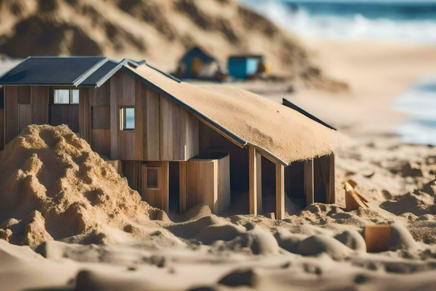 a miniature house is sitting on top of sand. AI-Generated photo