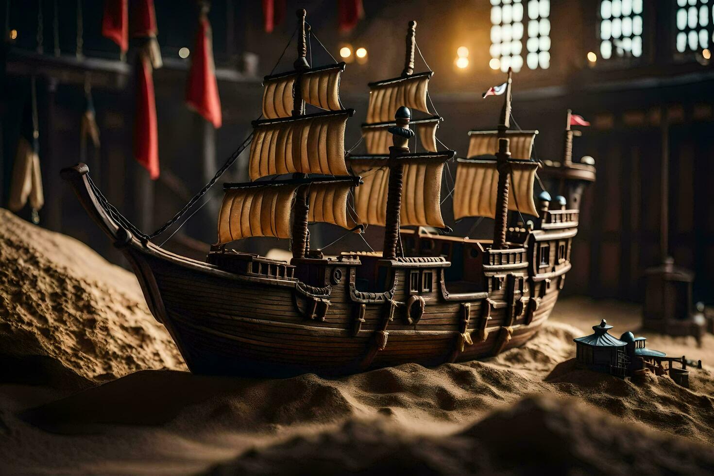 a model of a pirate ship in a sand pit. AI-Generated photo