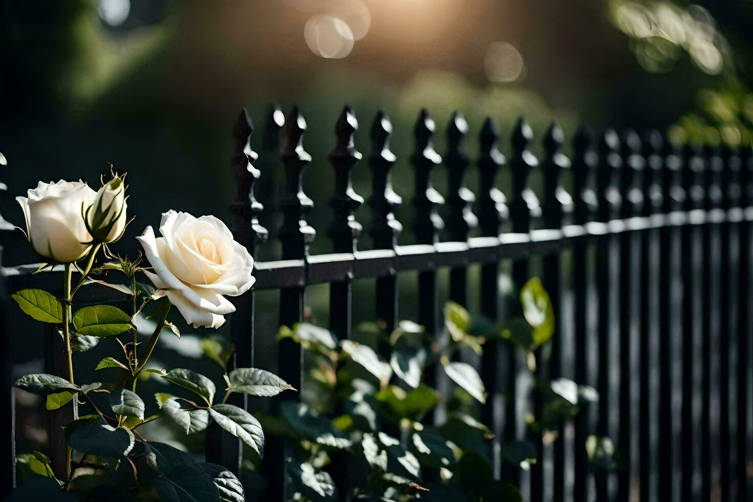 a white rose is growing on a fence. AI-Generated photo