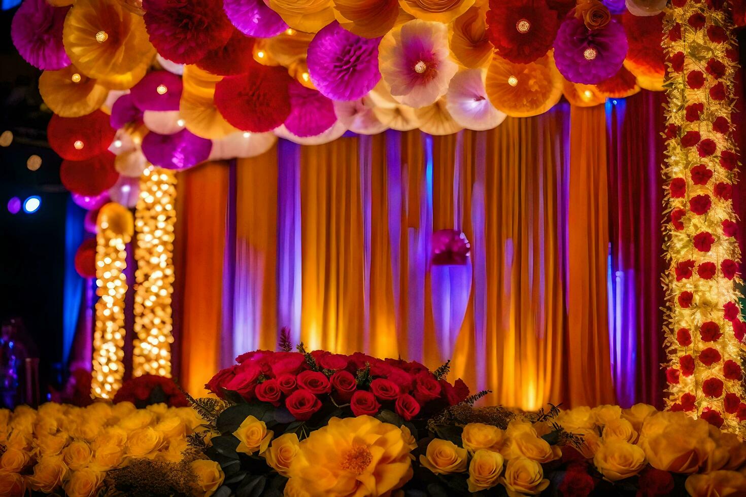 a stage decorated with colorful paper flowers. AI-Generated photo