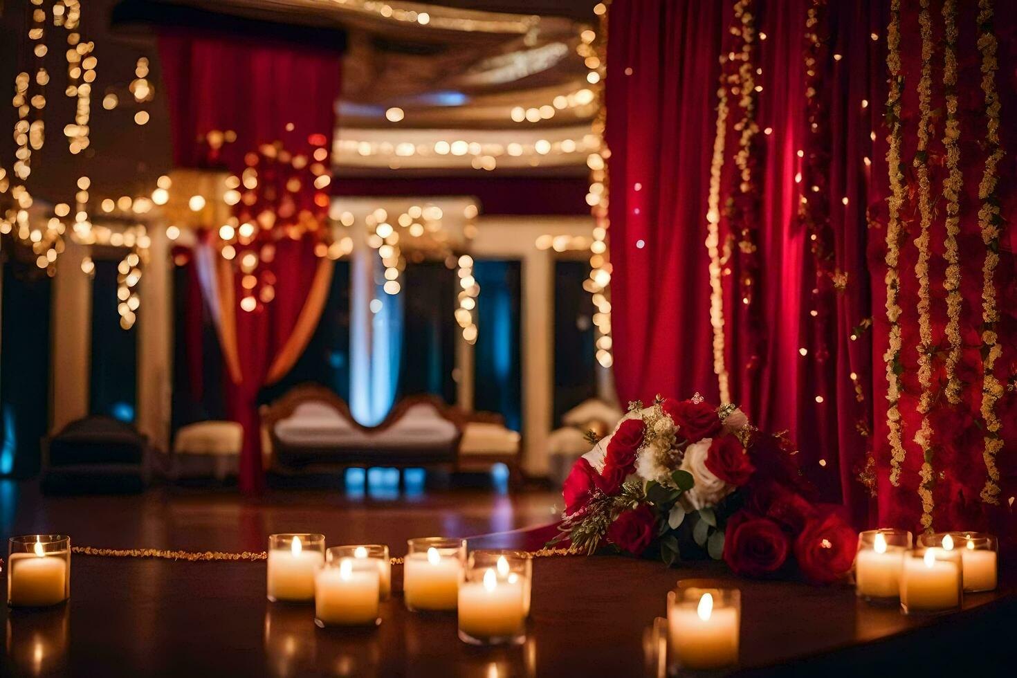 candles and red curtains in a room with a red backdrop. AI-Generated photo