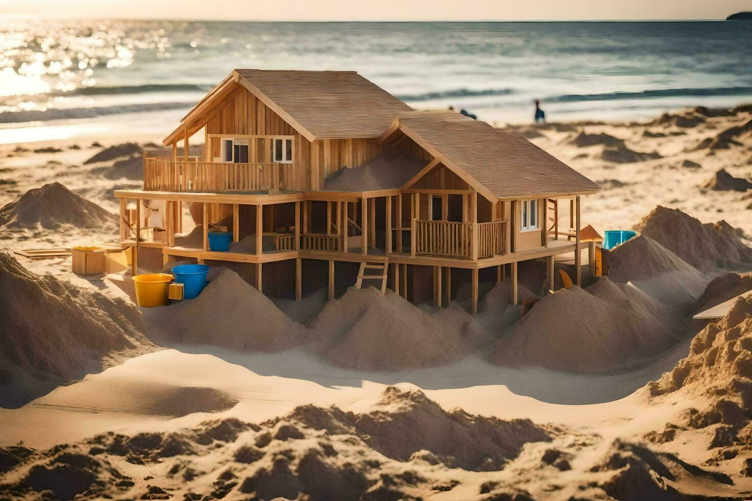 a wooden house on the beach with sand. AI-Generated photo