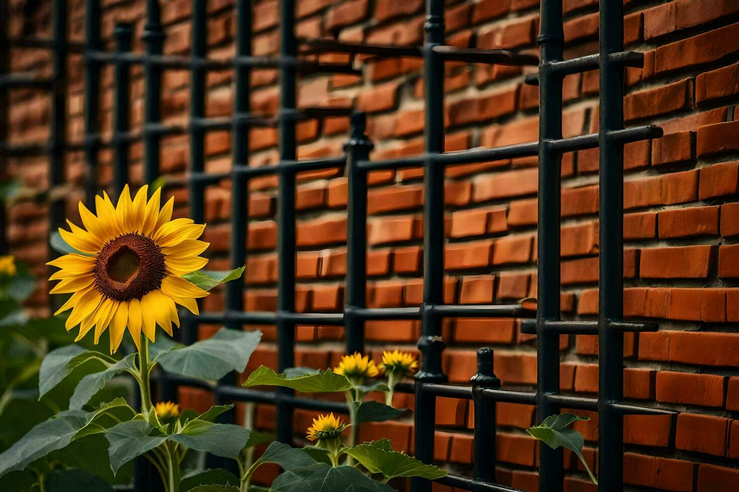 a sunflower is growing in front of a brick wall. AI-Generated photo