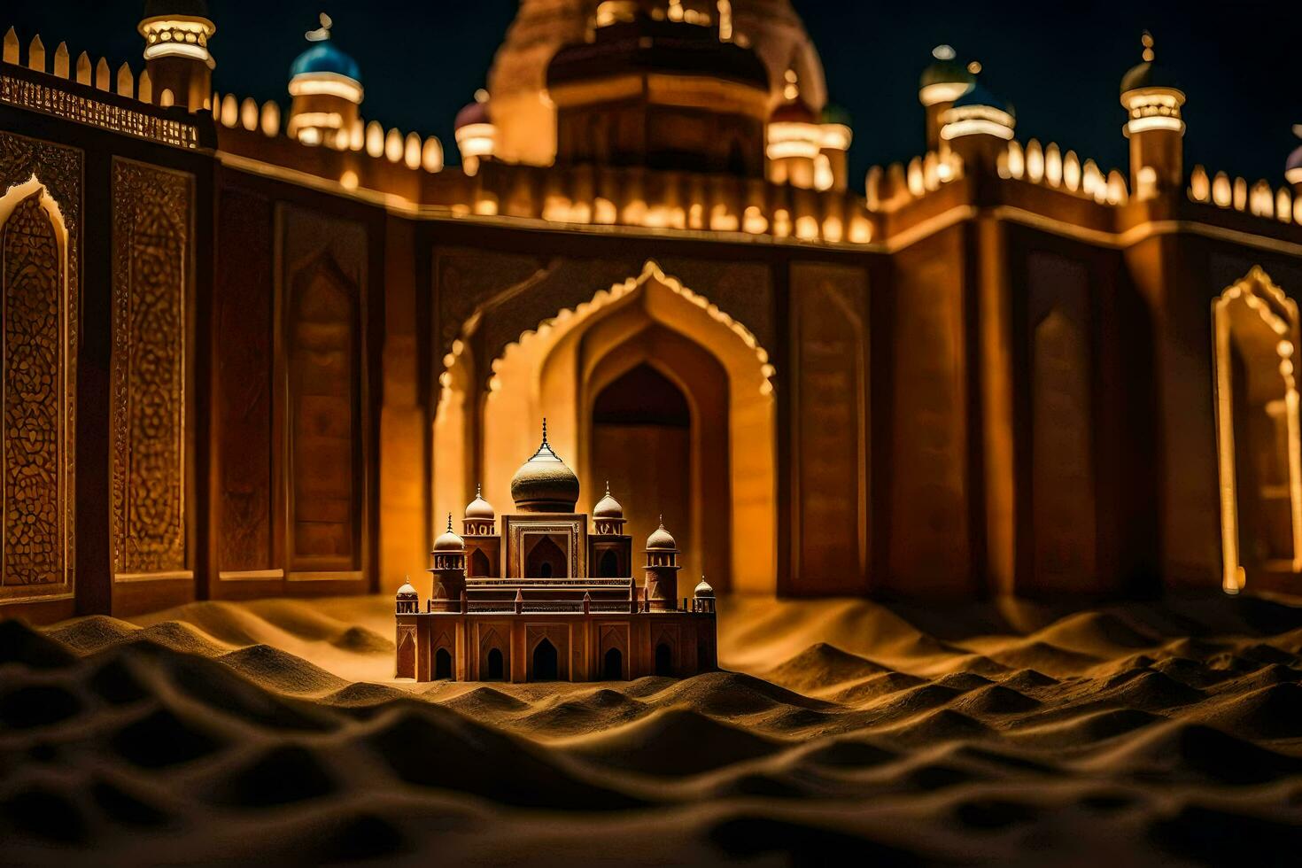 a model of a mosque in the desert. AI-Generated photo