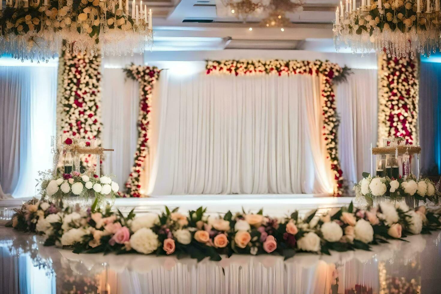 an elegant wedding stage with flowers and chandeliers. AI-Generated photo