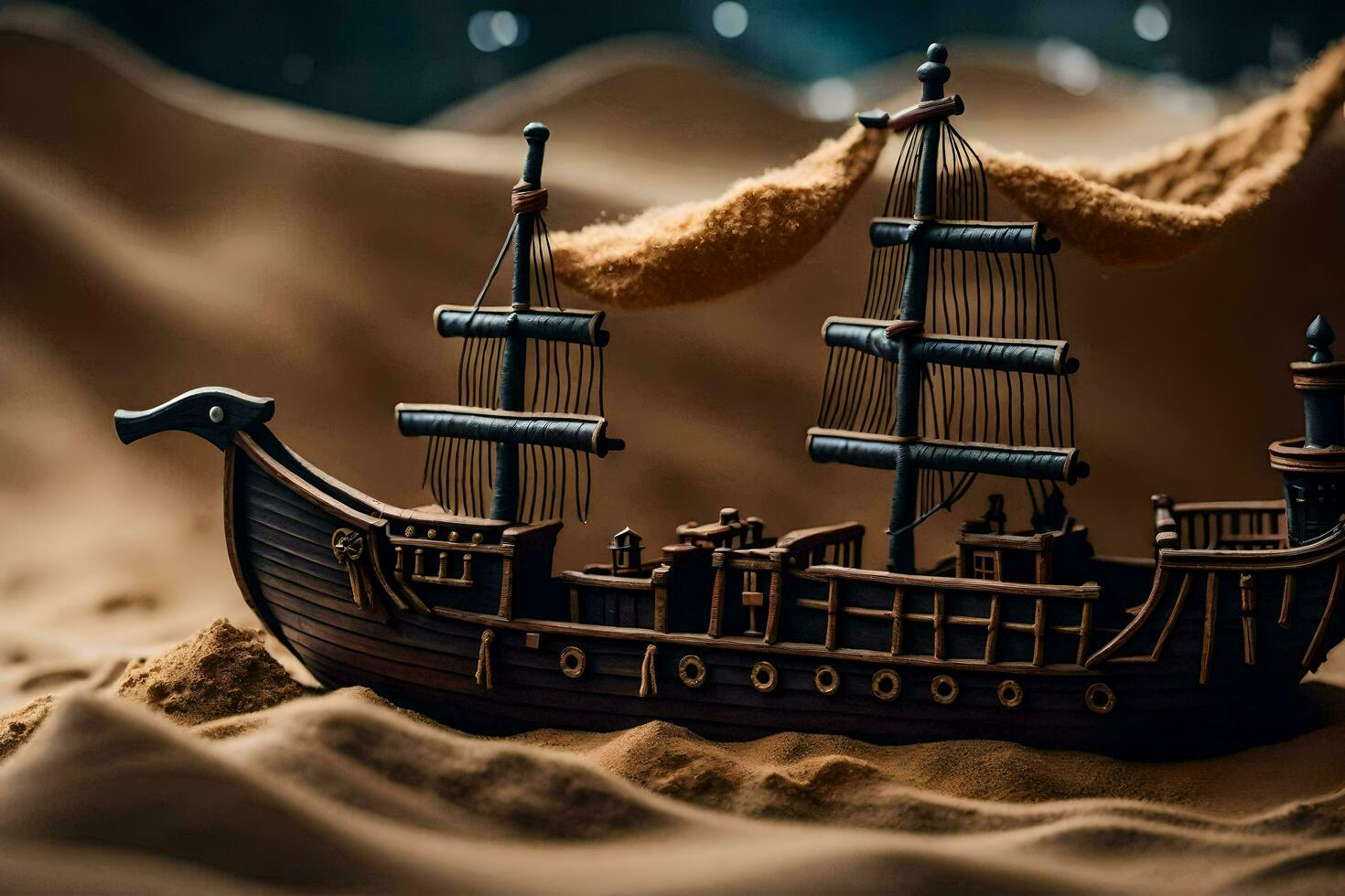 a model ship is sitting on sand in the desert. AI-Generated photo