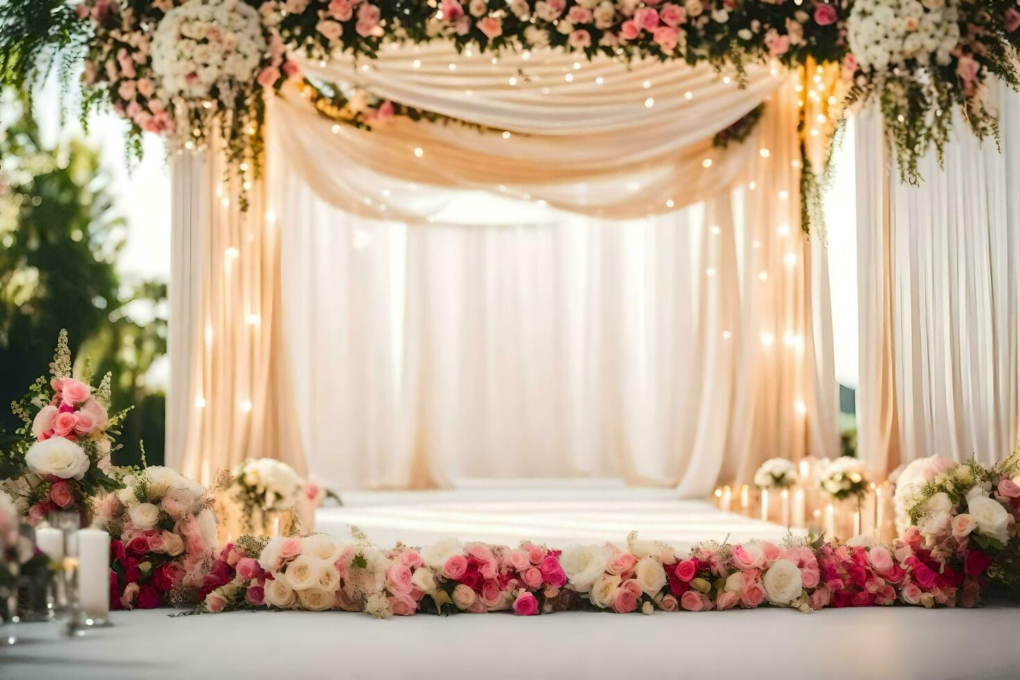 un Boda ceremonia con rosado flores y blanco cortinas generado por ai foto