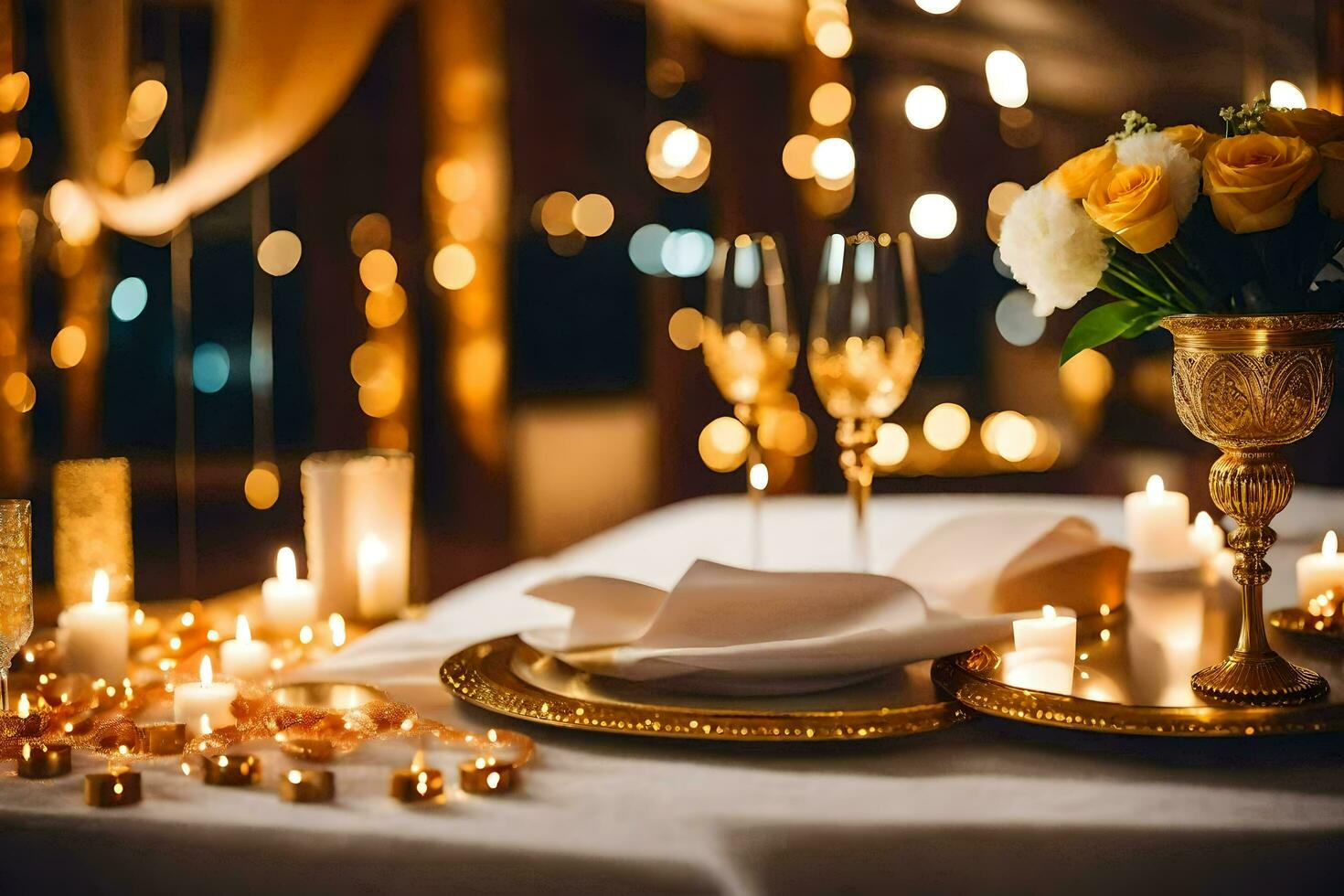 golden table setting with candles and flowers. AI-Generated photo
