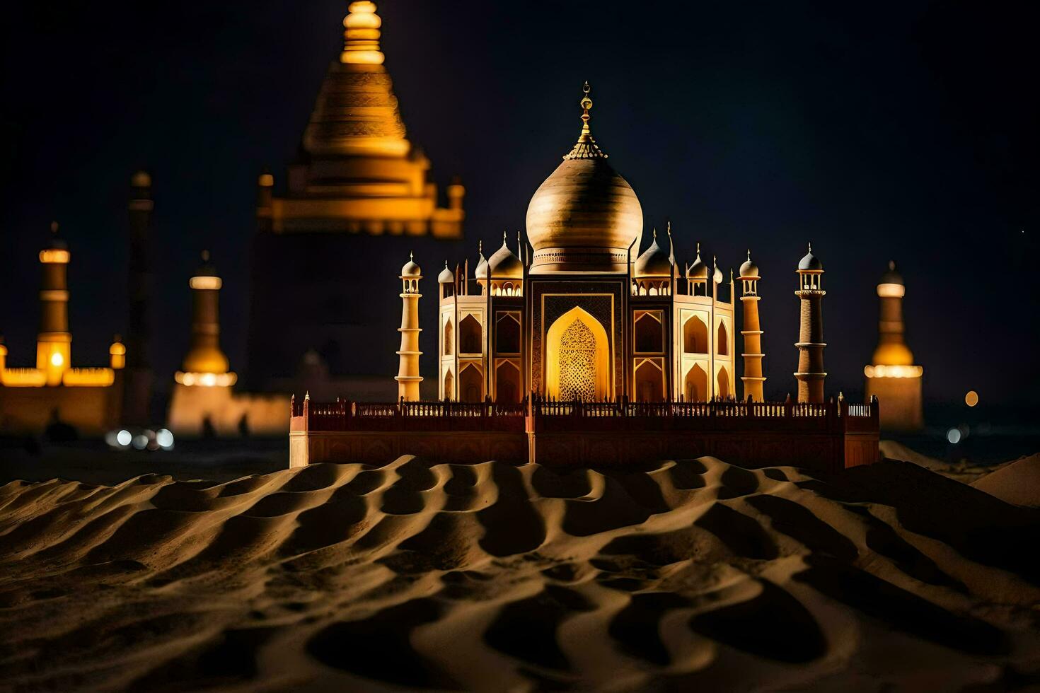 a model of the taj mahal is lit up at night. AI-Generated photo