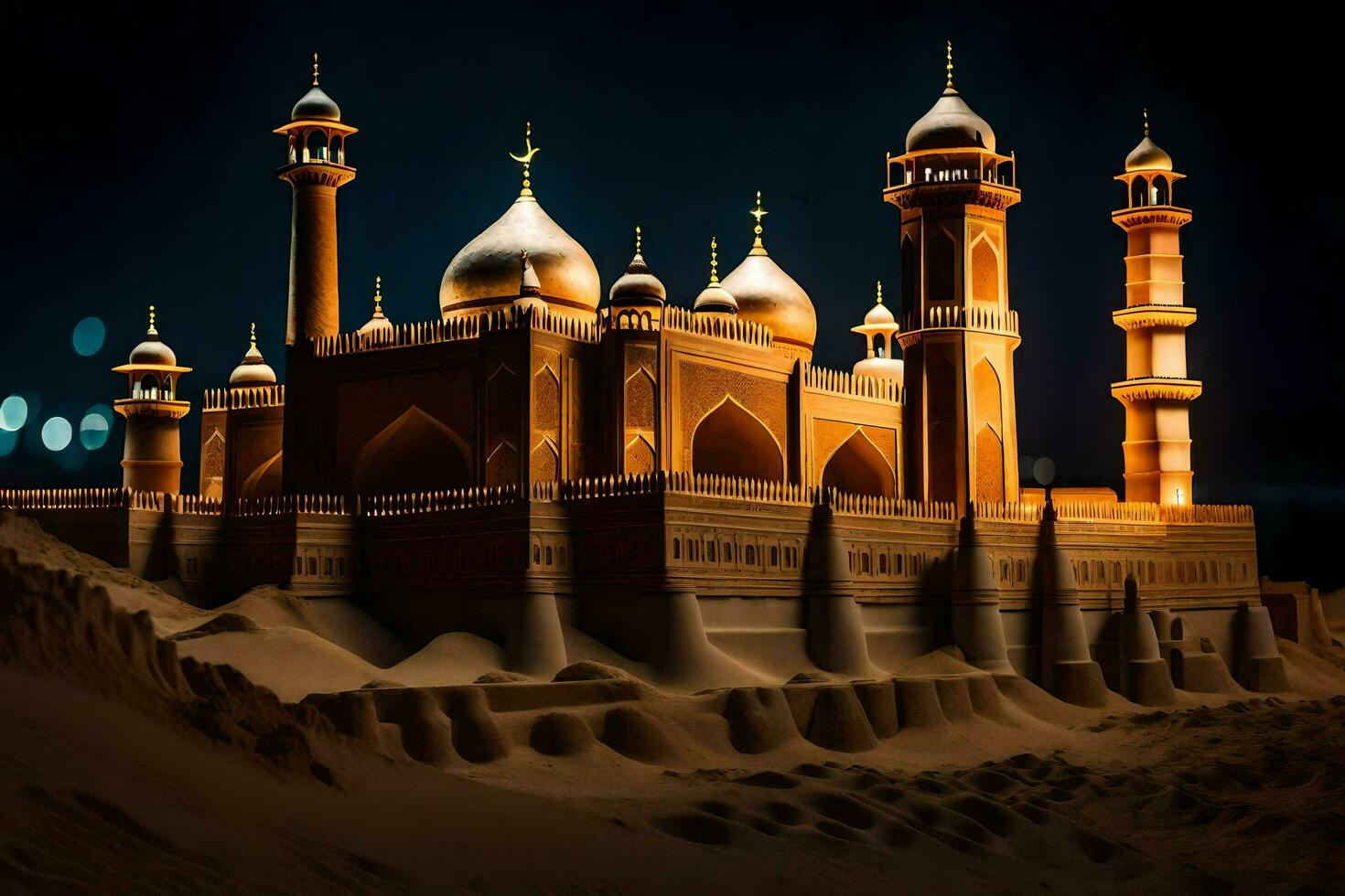 a model of a mosque in the desert at night. AI-Generated photo